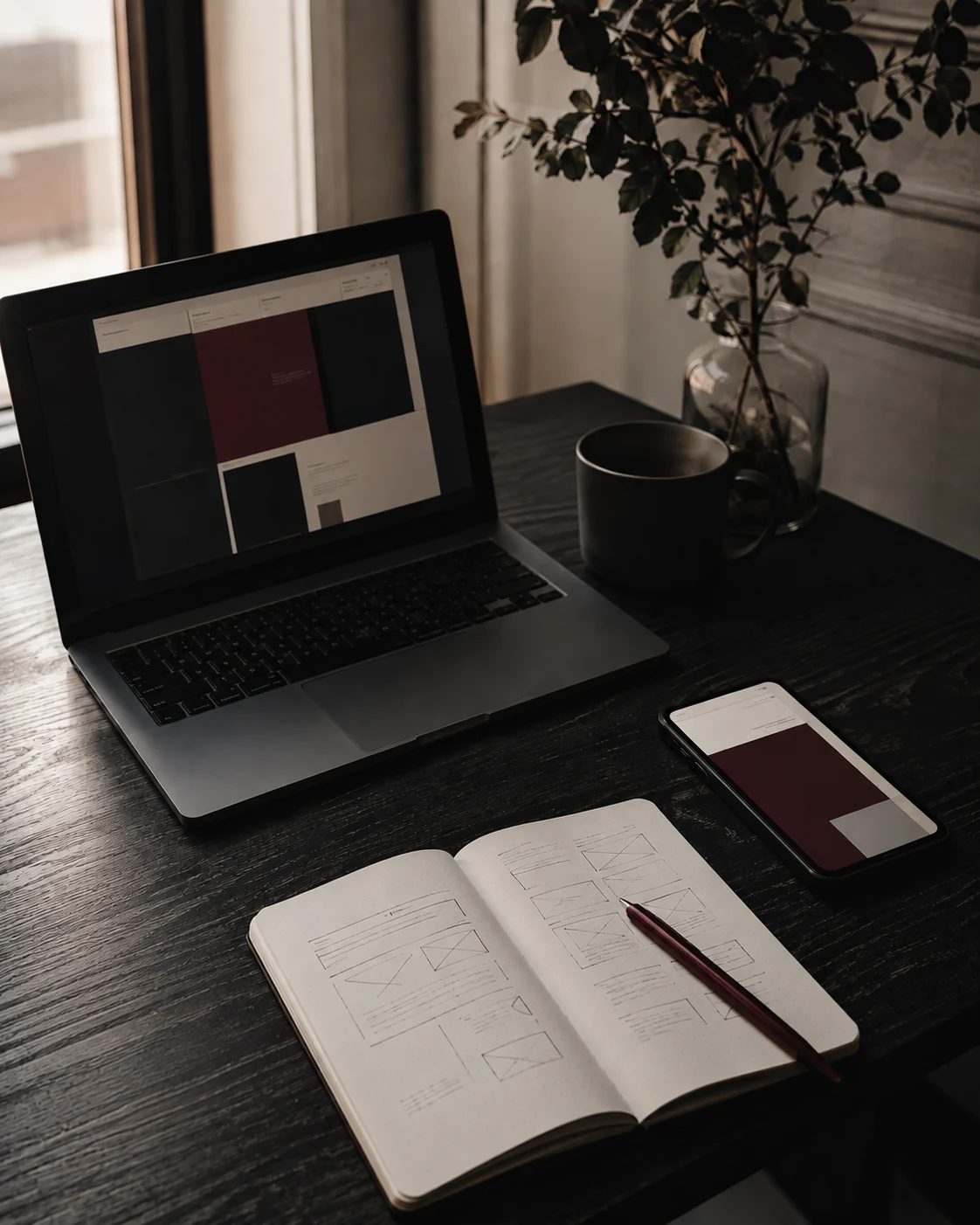 Full Stack developer workspace with laptop, mobile interface, and wireframe sketches
